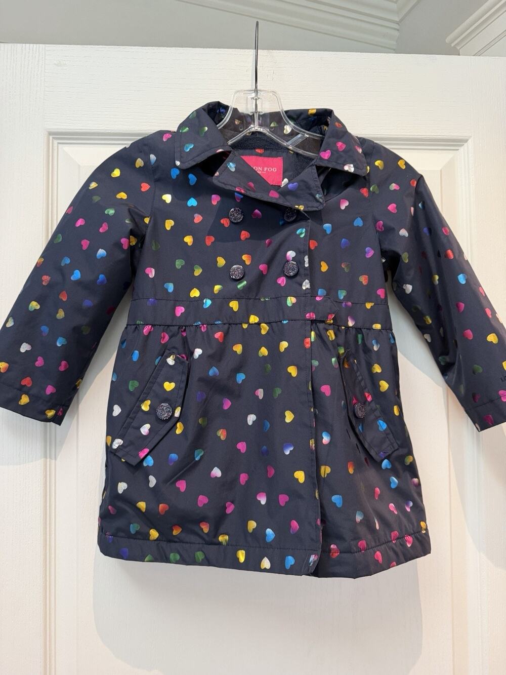 London Fog Girls Size 5 Raincoat Hooded Trench Coat Rainbow Hearts Fleece Lined
